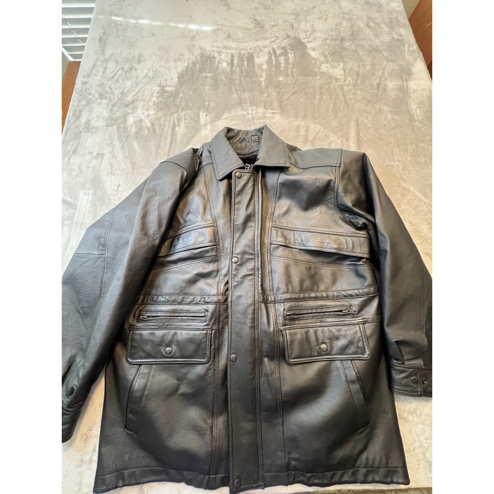 Phase 2 Mens Jacket L Black Genuine Leather Car CoatFaux Fur Lined Insulated